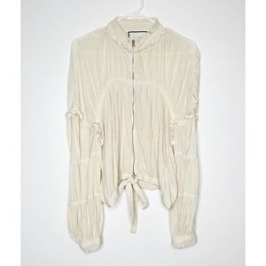 Alexis Boho Ruched Blouse Long Sleeve High Neck Front Zip Women Cream Size Large